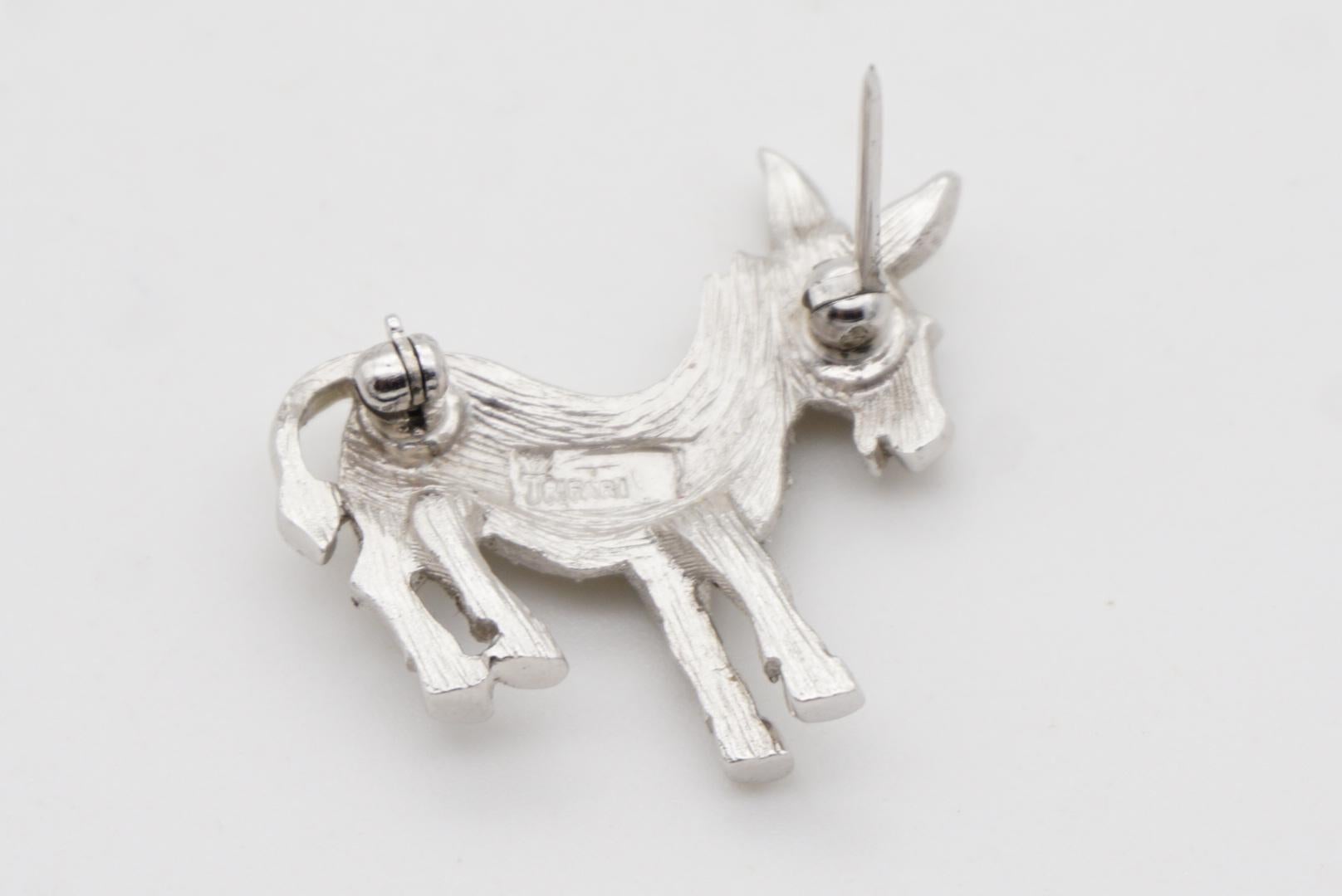 Crown Trifari 1950s Vivid Cute Donkey Red Eye Whole White Crystals Silver Brooch For Sale 4