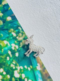 Crown Trifari 1950s Vivid Cute Donkey Red Eye Whole White Crystals Silver Brooch