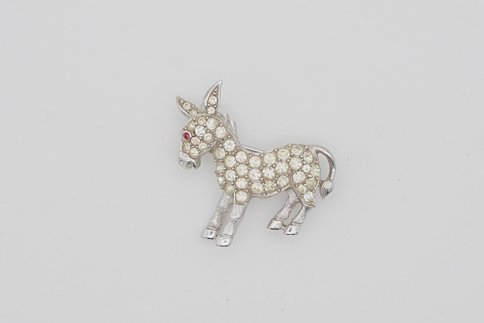 Women's or Men's Crown Trifari 1950s Vivid Cute Donkey Red Eye Whole White Crystals Silver Brooch For Sale