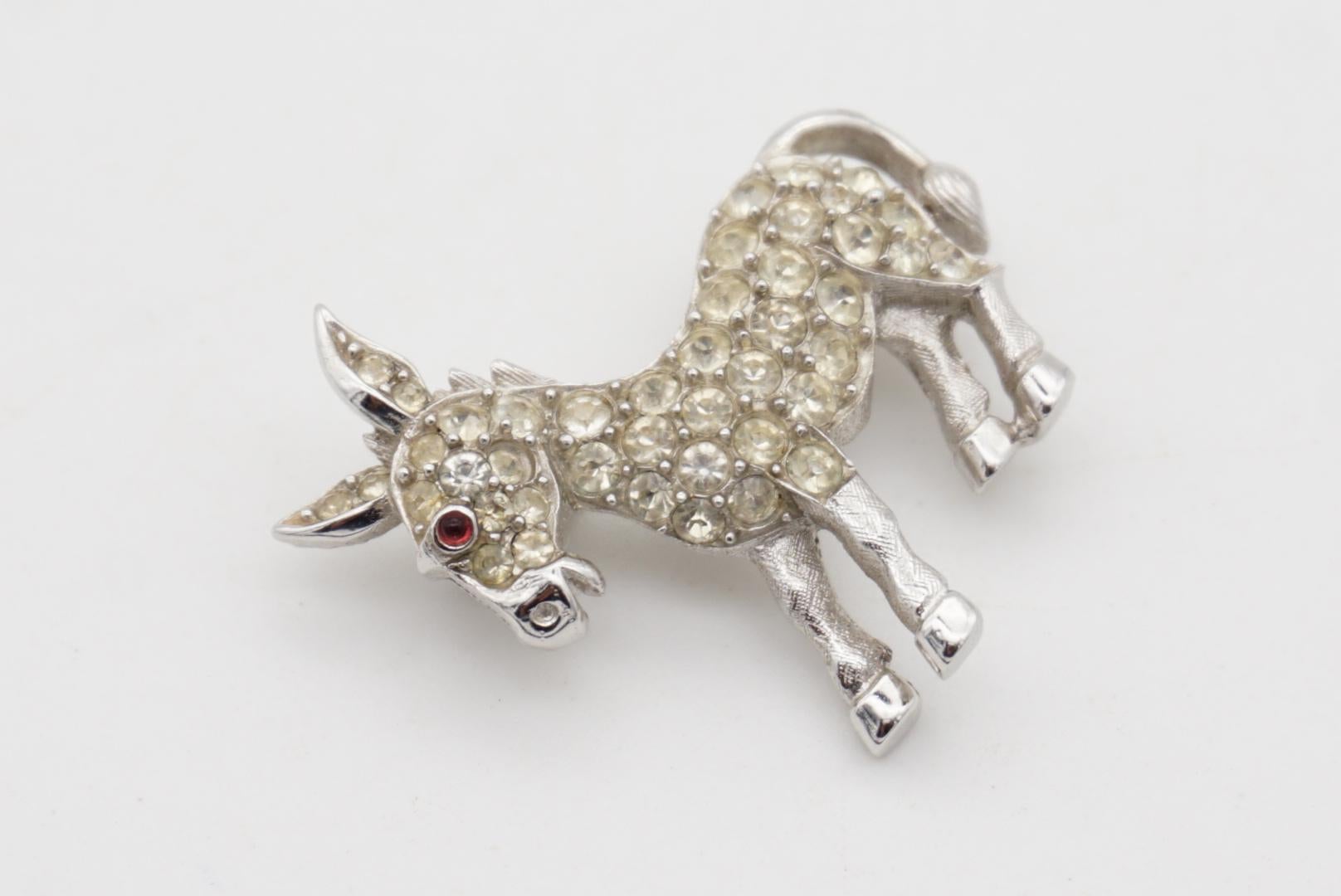 Crown Trifari 1950s Vivid Cute Donkey Red Eye Whole White Crystals Silver Brooch For Sale 1