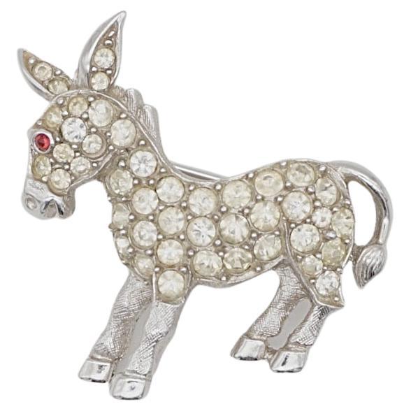 Crown Trifari 1950s Vivid Cute Donkey Red Eye Whole White Crystals Silver Brooch For Sale