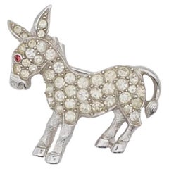 Crown Trifari 1950s Vivid Cute Donkey Red Eye Whole White Crystals Silver Brooch