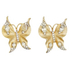 Crown Trifari 1950s Vivid Double Butterfly Oval Beads Crystals Dress Clip Brooch