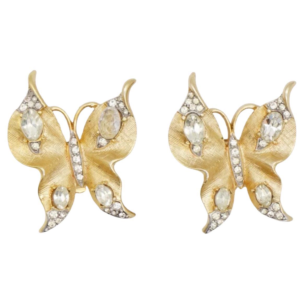 Crown Trifari 1950er Jahre Vivid Double Butterfly Oval Perlen Kristalle Kleid Clip Brosche