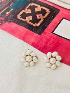 Crown Trifari 1950s White Oval Round Pearls Swirl Flower Openwork Clip Earrings