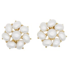 Crown Trifari 1950s White Oval Round Pearls Swirl Flower Openwork Clip Earrings