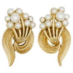 Crown Trifari 1950s White Pearl Crystal Bouquet Flower Swirl Leaf Clip Earrings