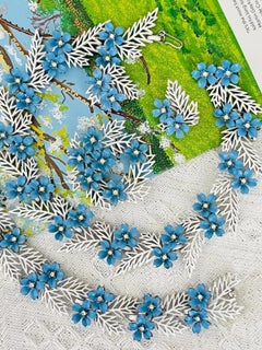 Crown Trifari 1958 Blue White Enamel Crystals Flower Fern Leaf Openwork 4 Set