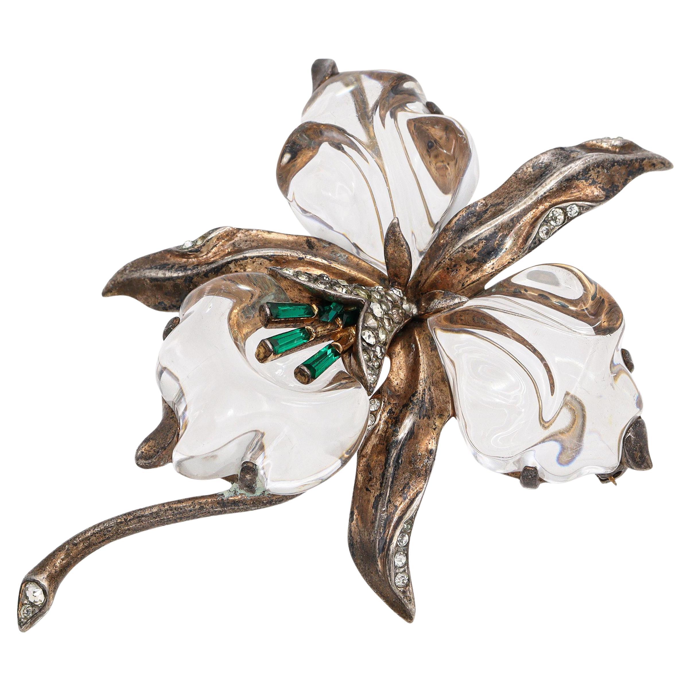 Crown Trifari Alfred Philippe Sterling Silver Jelly Belly Lucite Orchid Brooch en vente