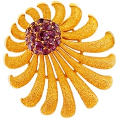 Retro Crown Trifari Brutalist Sunburst Amethyst Rhinestone Brooch, Signed, circa 1955