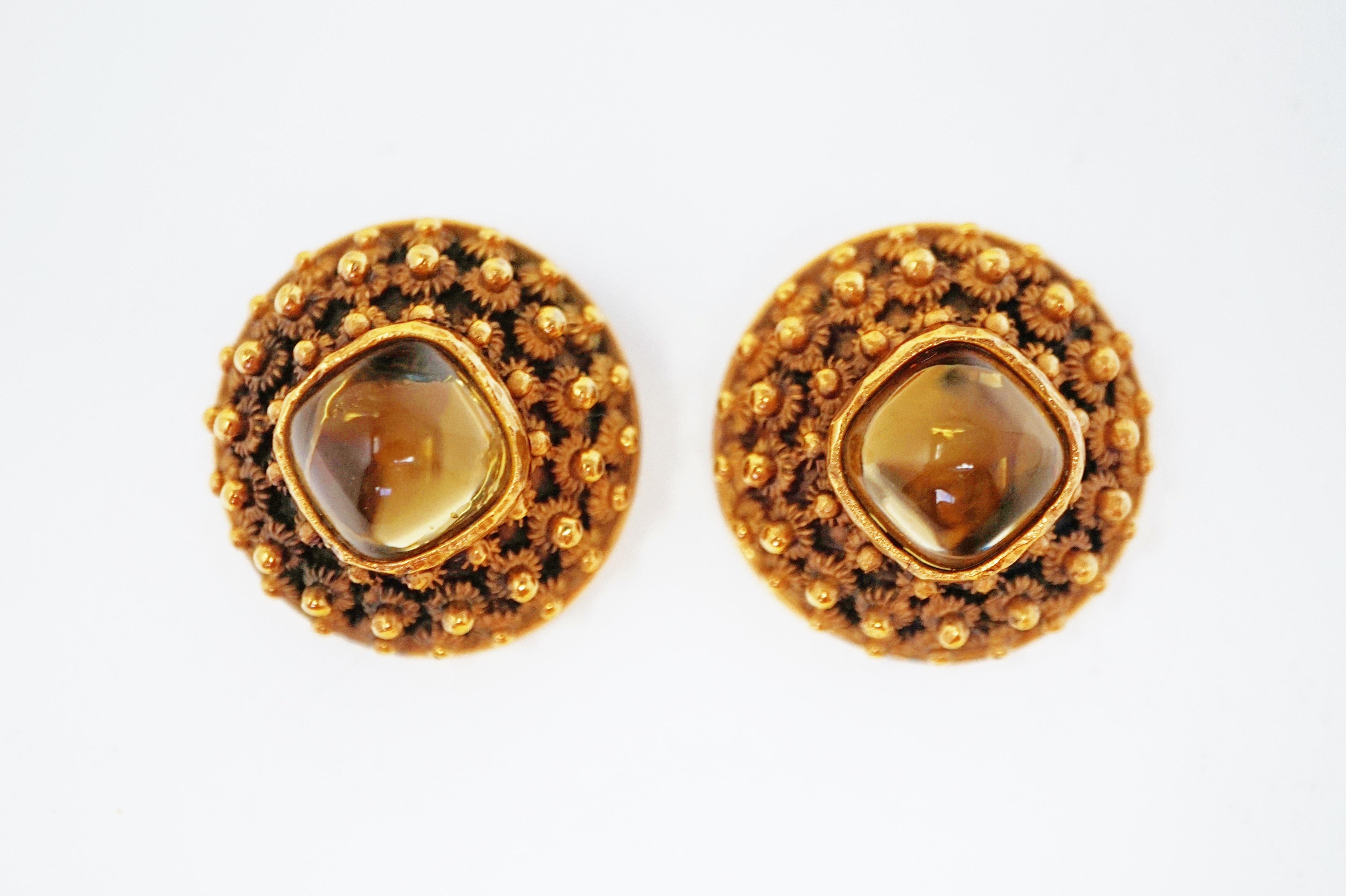 Modernist Crown Trifari Gilded Brutalist Statement Earrings, Signed, circa 1960