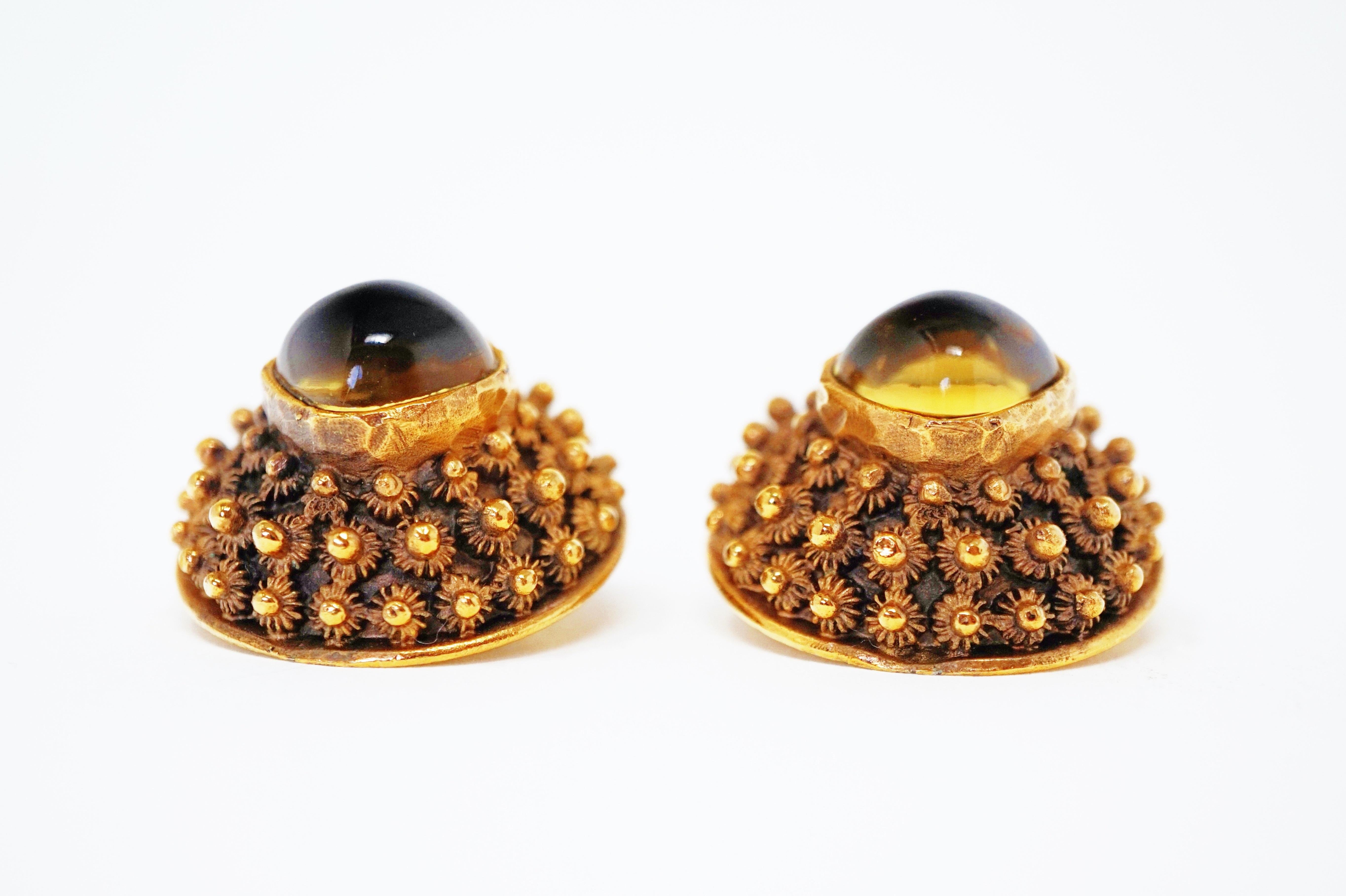 Women's Crown Trifari Gilded Brutalist Statement Earrings, Signed, circa 1960