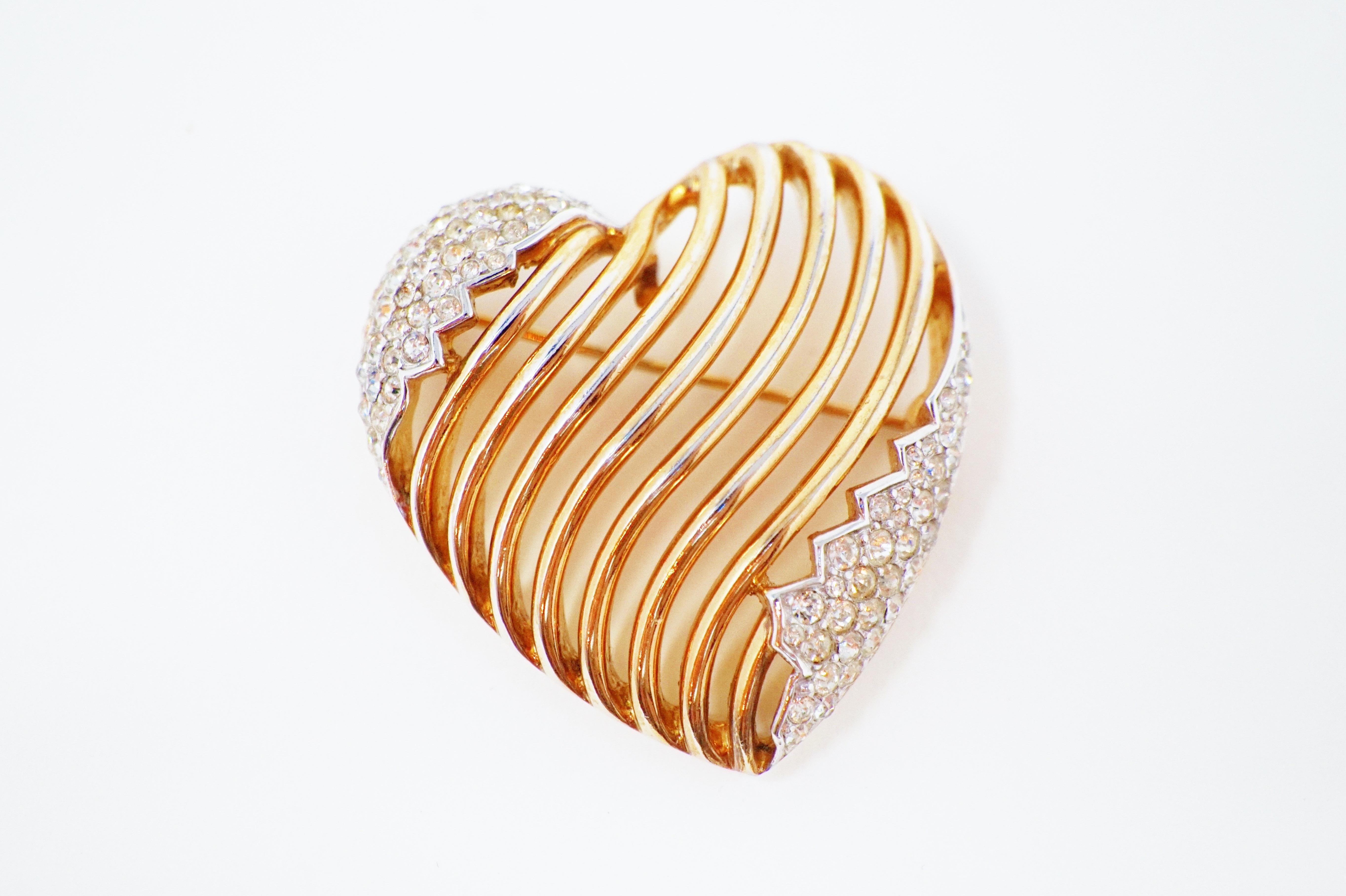 Women's Crown Trifari Gilded Heart Brooch with Swarovski Pavé by Alfred Philippe, 1953