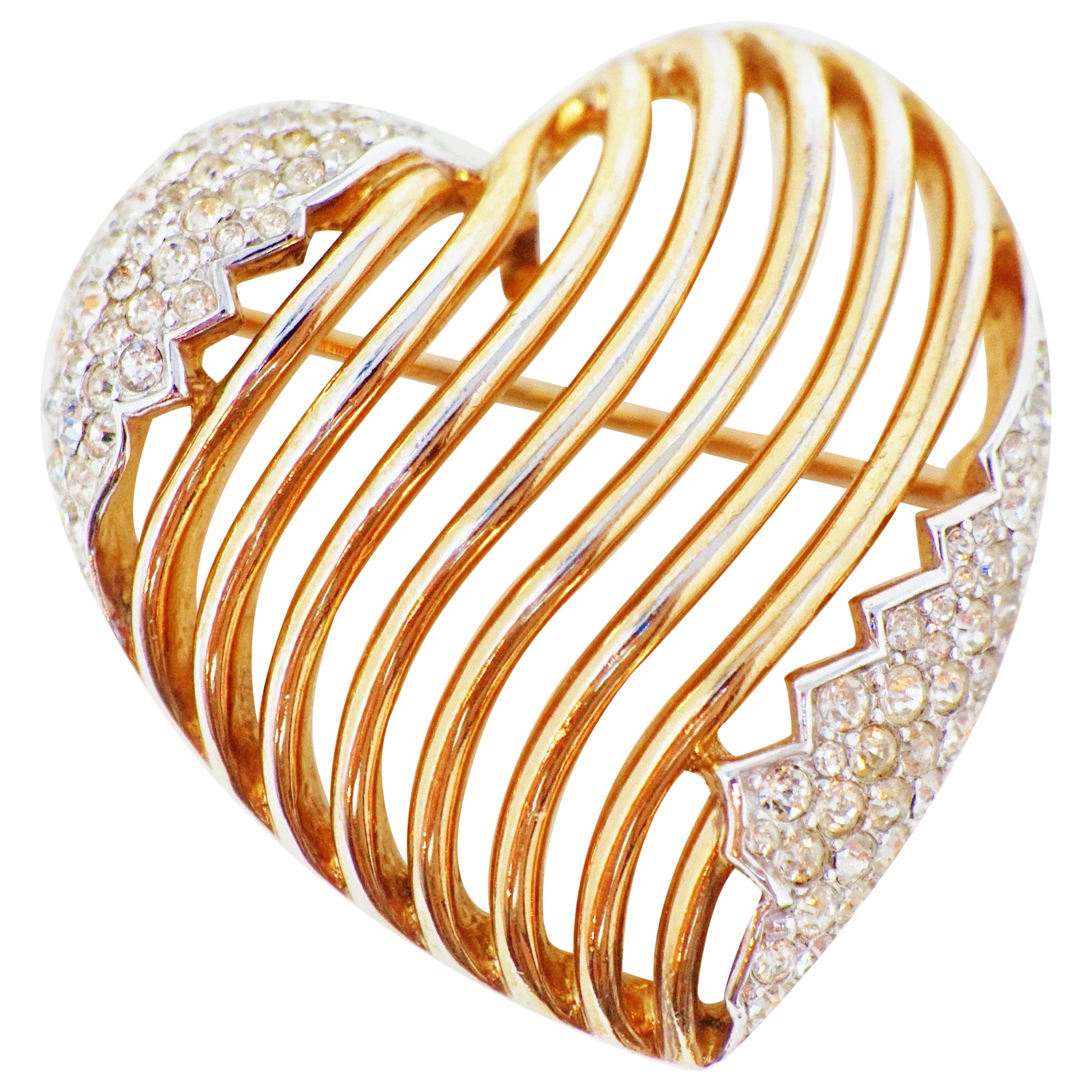 Crown Trifari Gilded Heart Brooch with Swarovski Pavé by Alfred Philippe, 1953