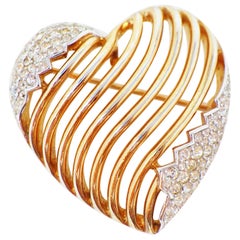 Retro Crown Trifari Gilded Heart Brooch with Swarovski Pavé by Alfred Philippe, 1953