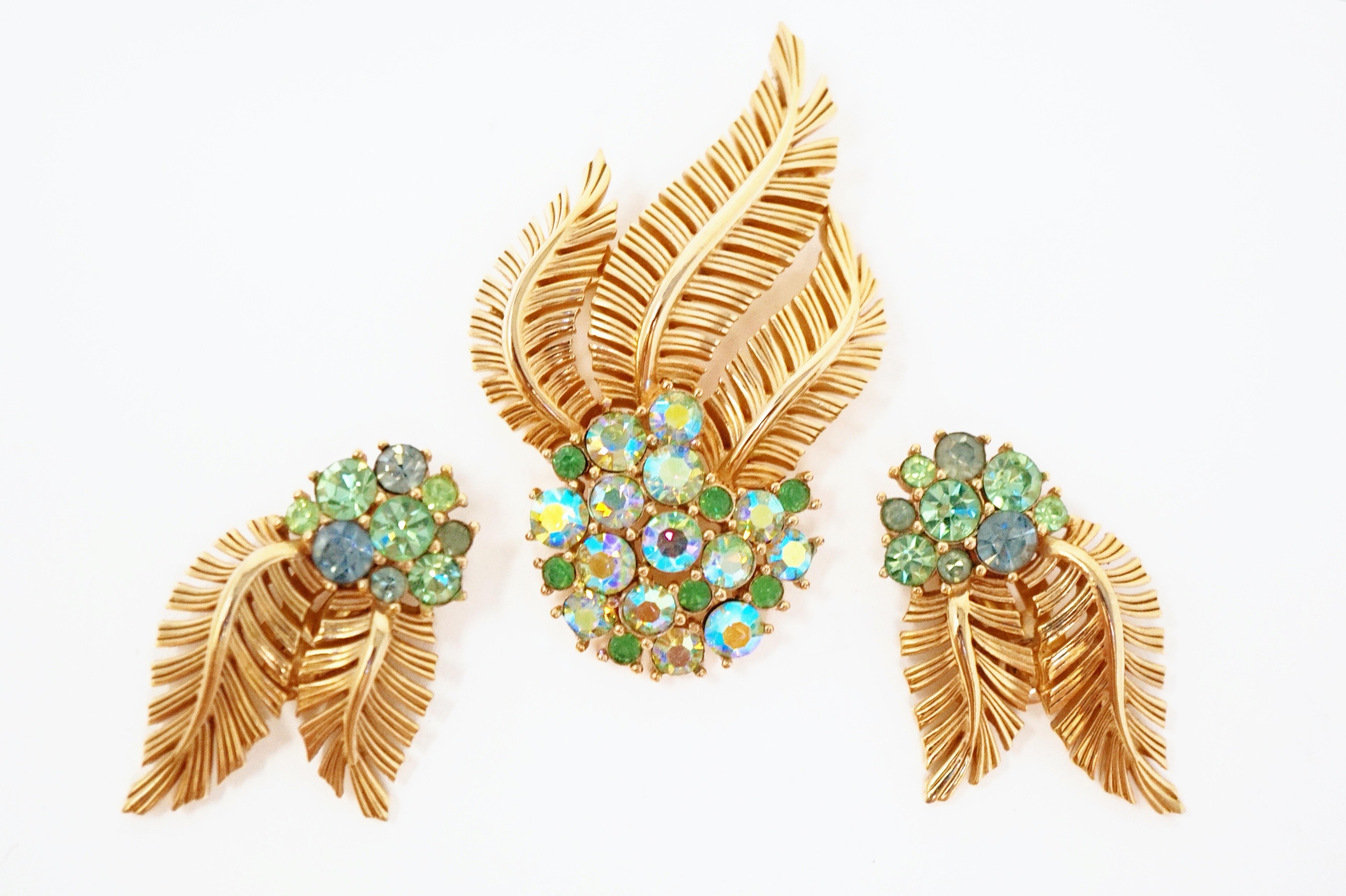 Crown Trifari Gilded Leaves & Rhinestone Demi-Parure Brooch & Earrings, 1960s 3
