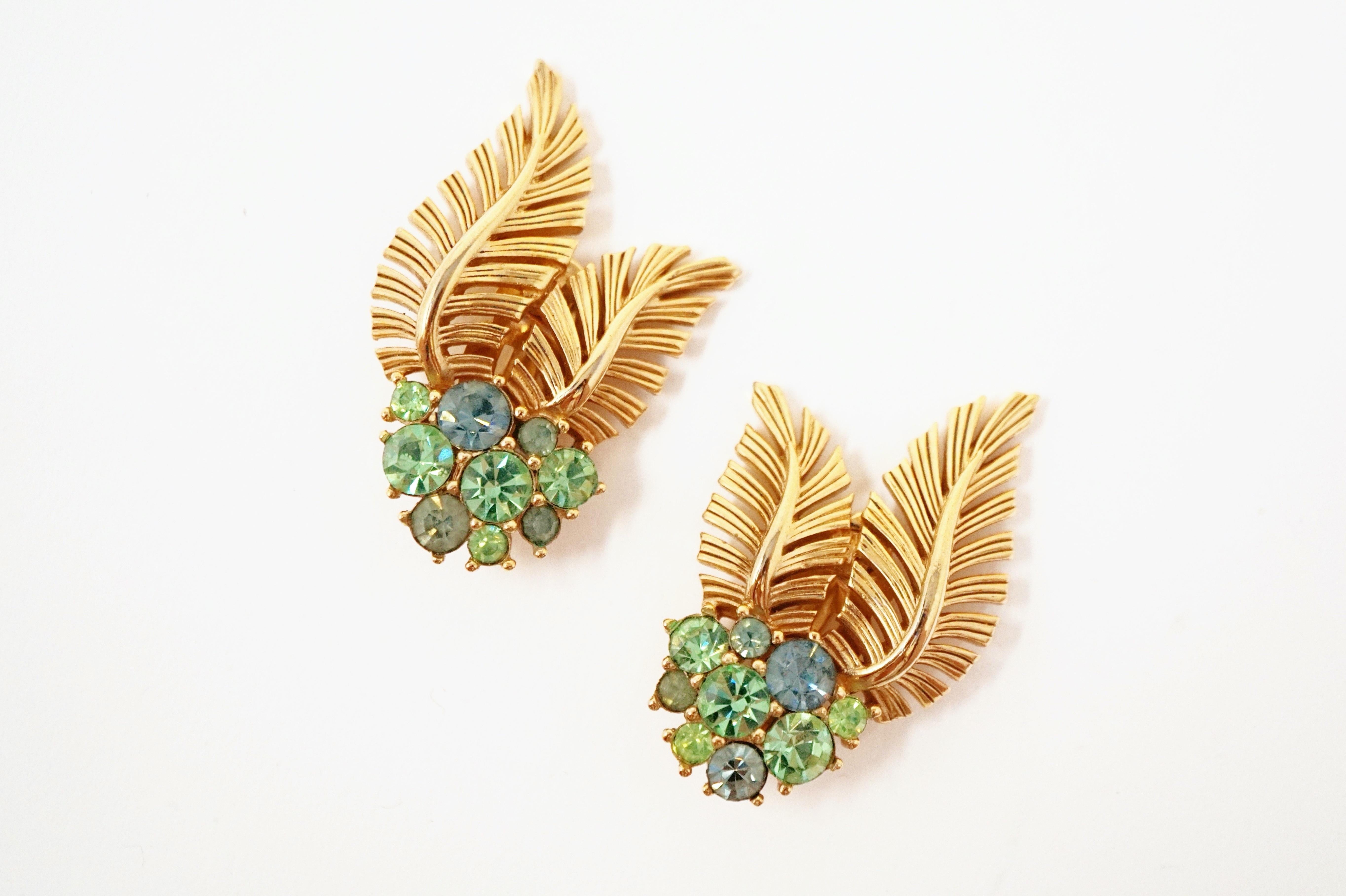 Crown Trifari Gilded Leaves & Rhinestone Demi-Parure Brooch & Earrings, 1960s 4