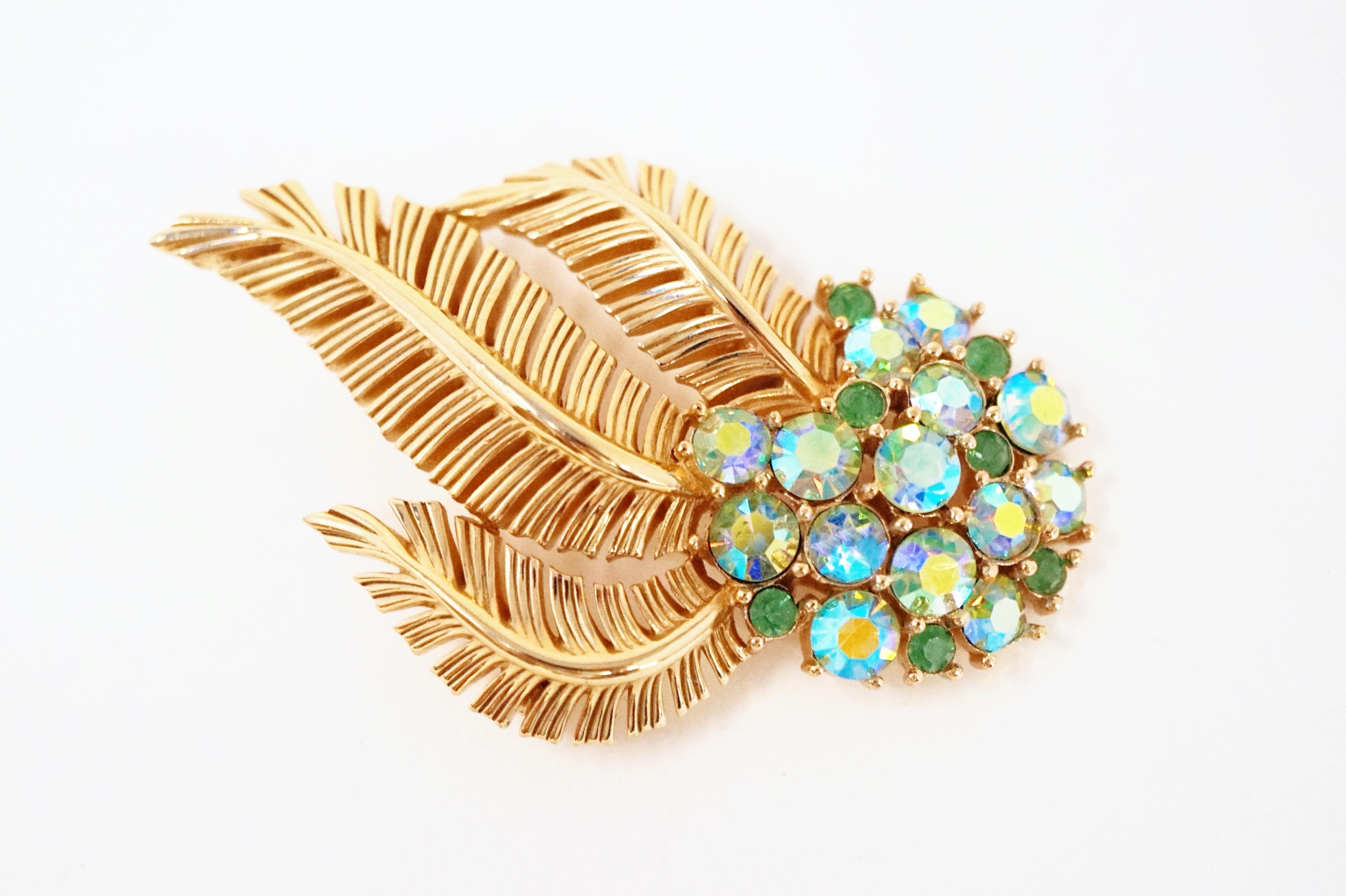 Crown Trifari Gilded Leaves & Rhinestone Demi-Parure Brooch & Earrings, 1960s 6