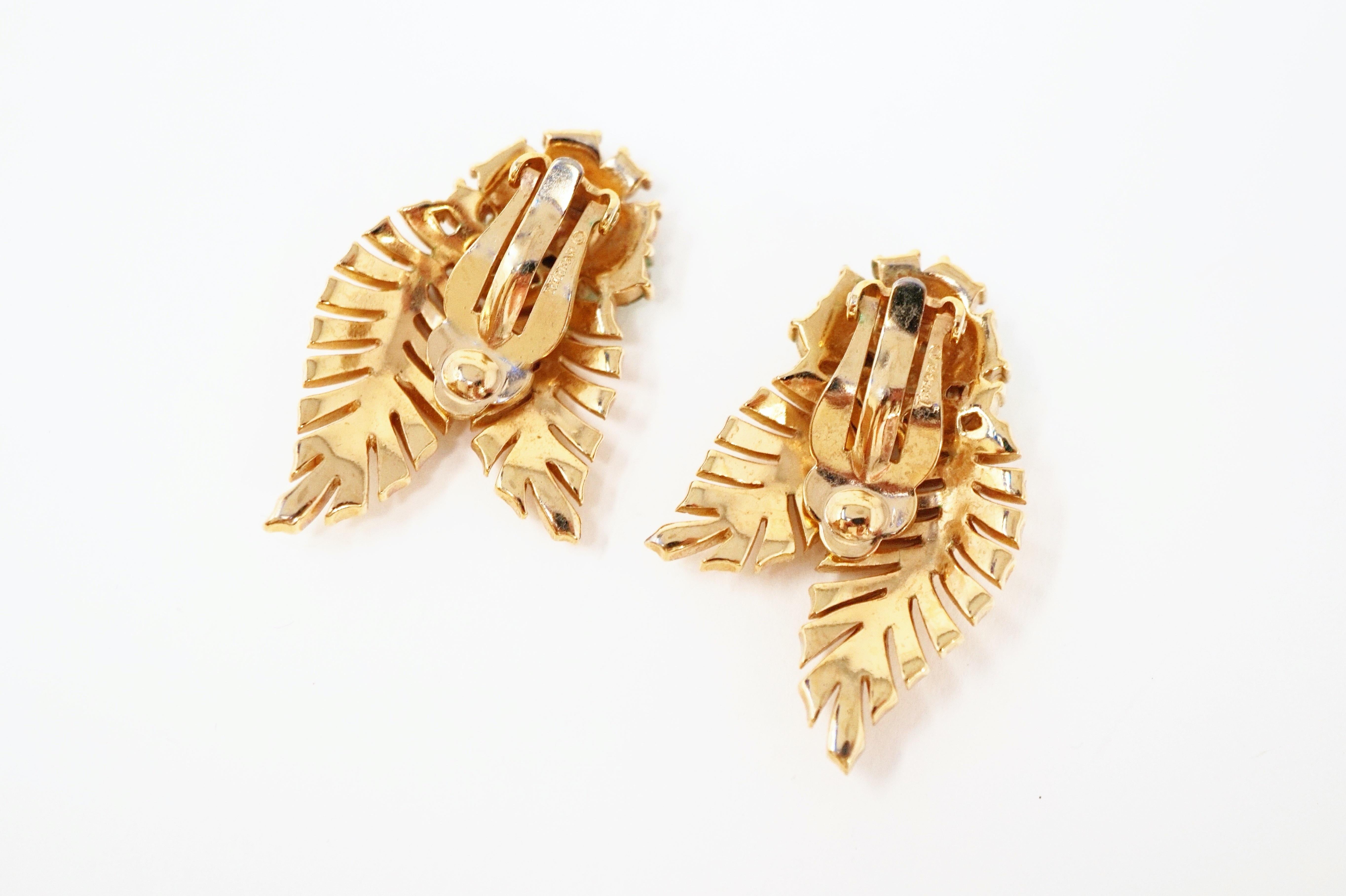 Crown Trifari Gilded Leaves & Rhinestone Demi-Parure Brooch & Earrings, 1960s 7