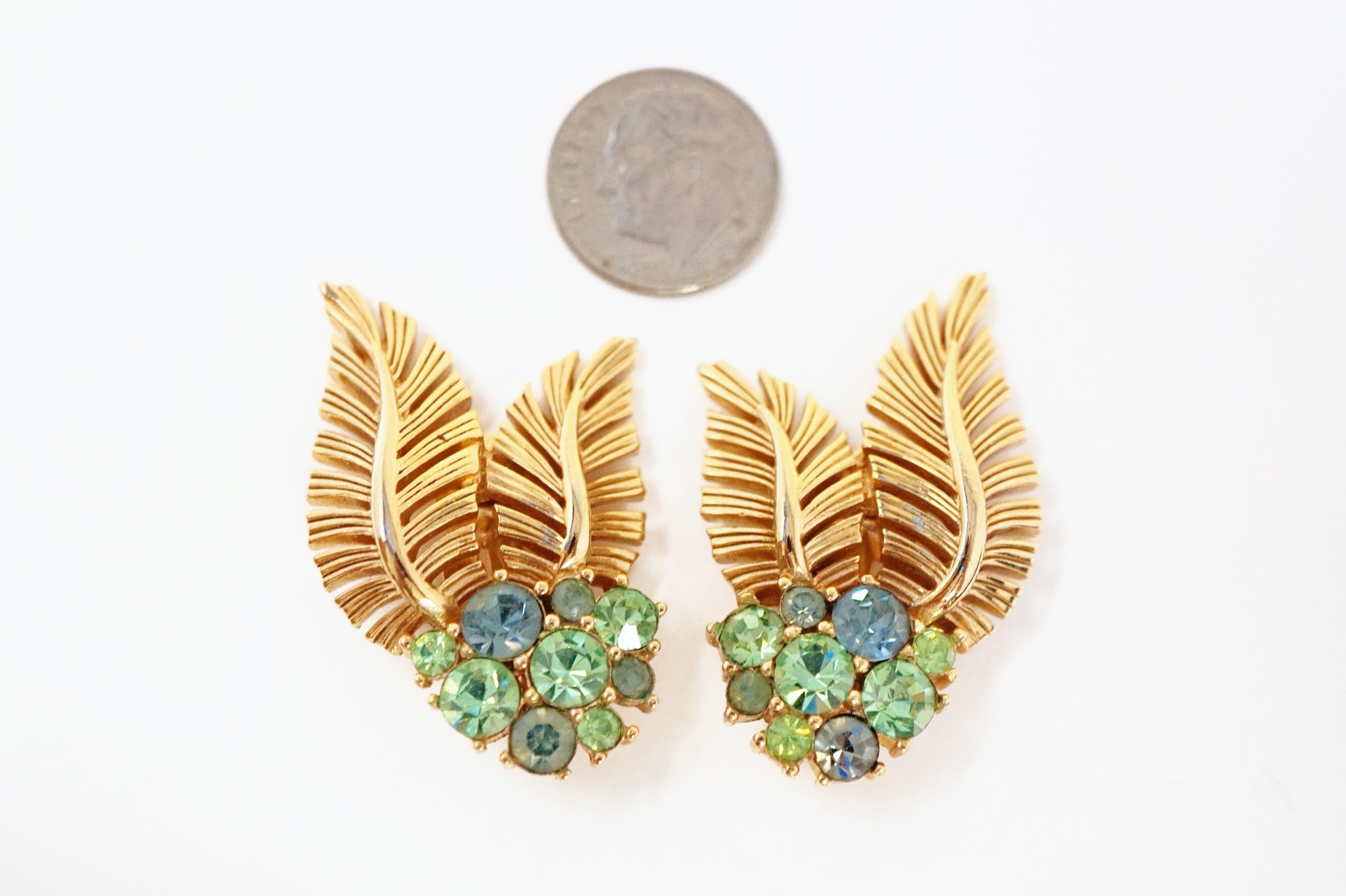Crown Trifari Gilded Leaves & Rhinestone Demi-Parure Brooch & Earrings, 1960s 10