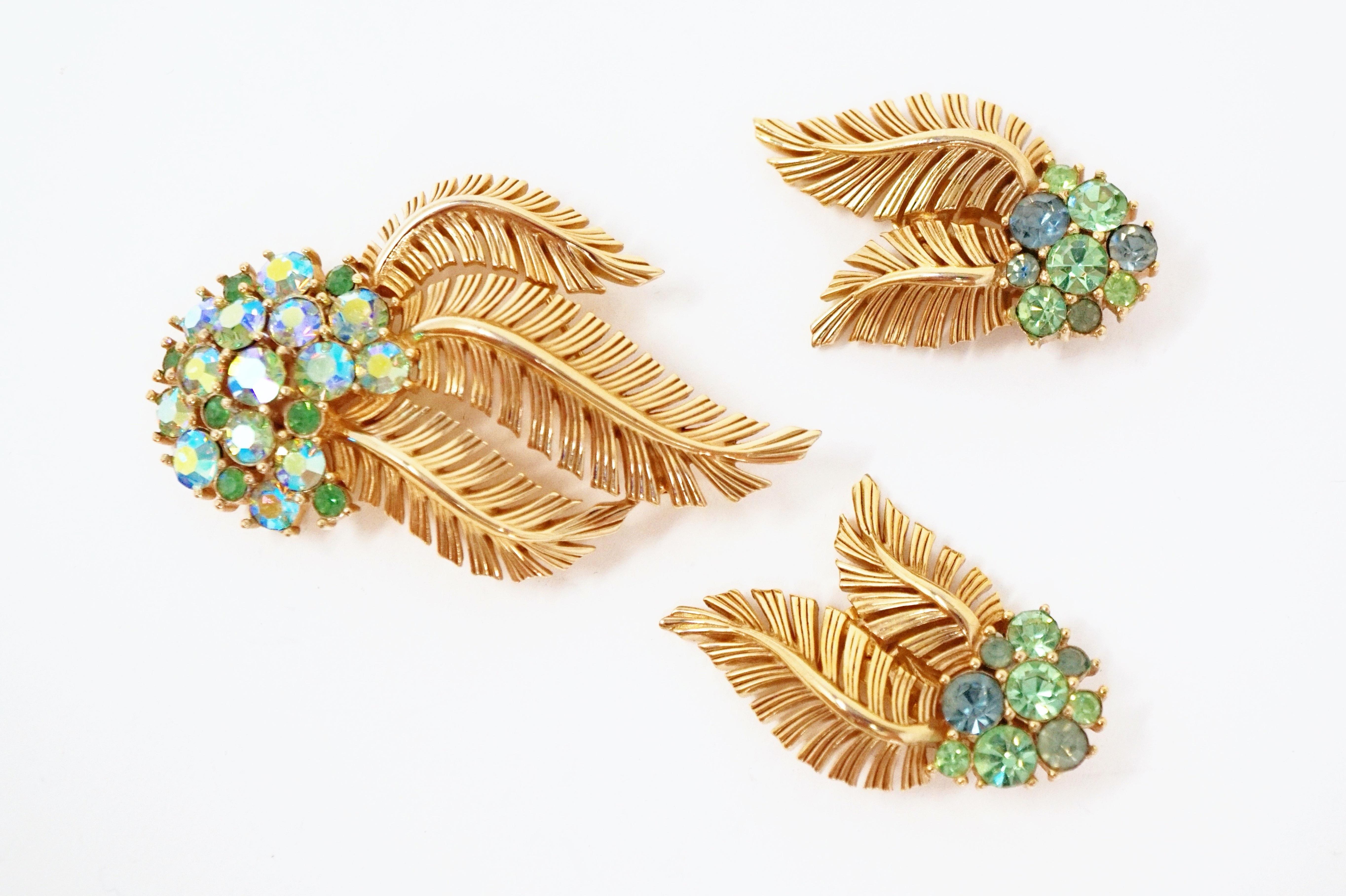 Women's Crown Trifari Gilded Leaves & Rhinestone Demi-Parure Brooch & Earrings, 1960s
