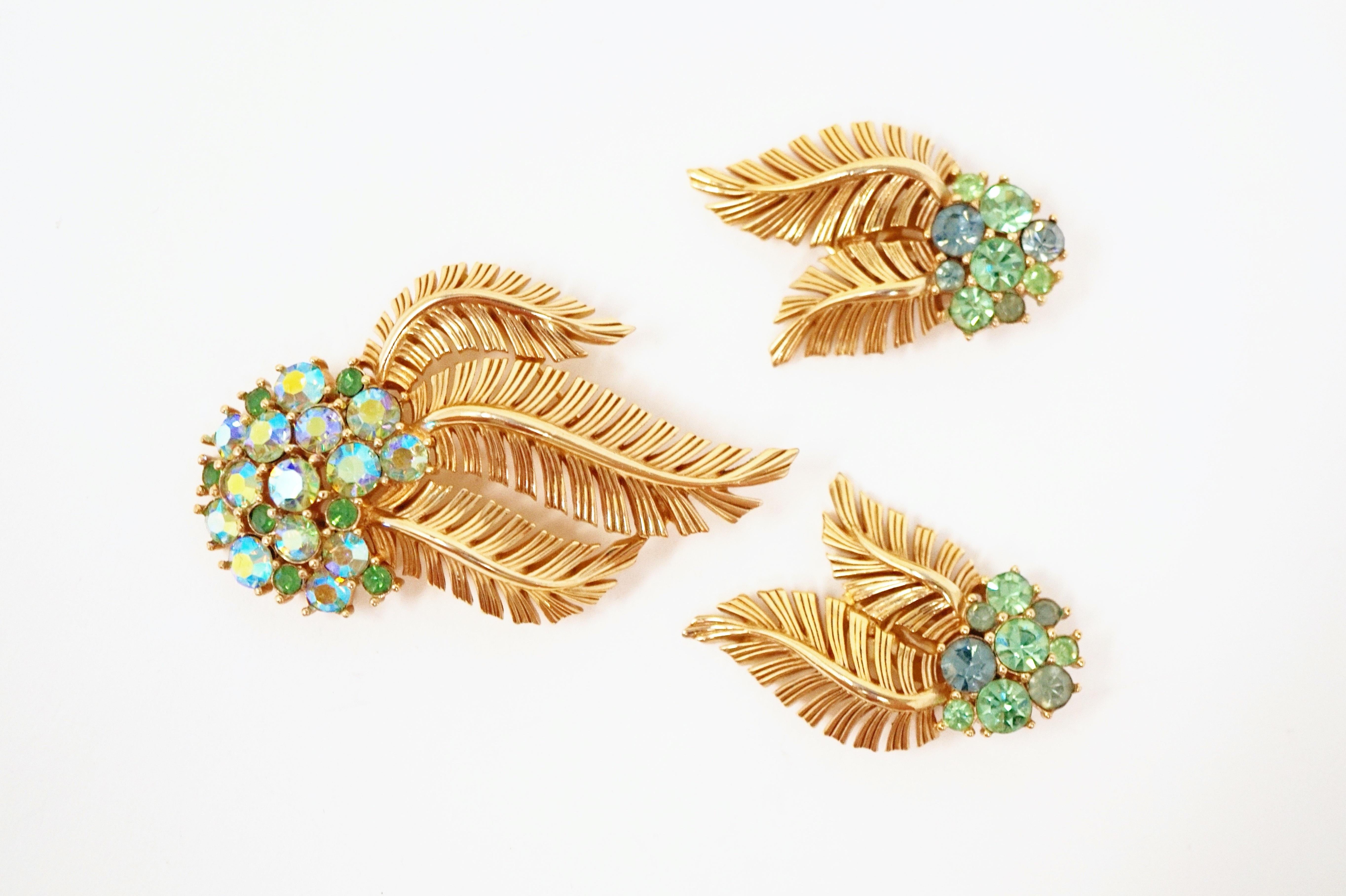 Crown Trifari Gilded Leaves & Rhinestone Demi-Parure Brooch & Earrings, 1960s 1