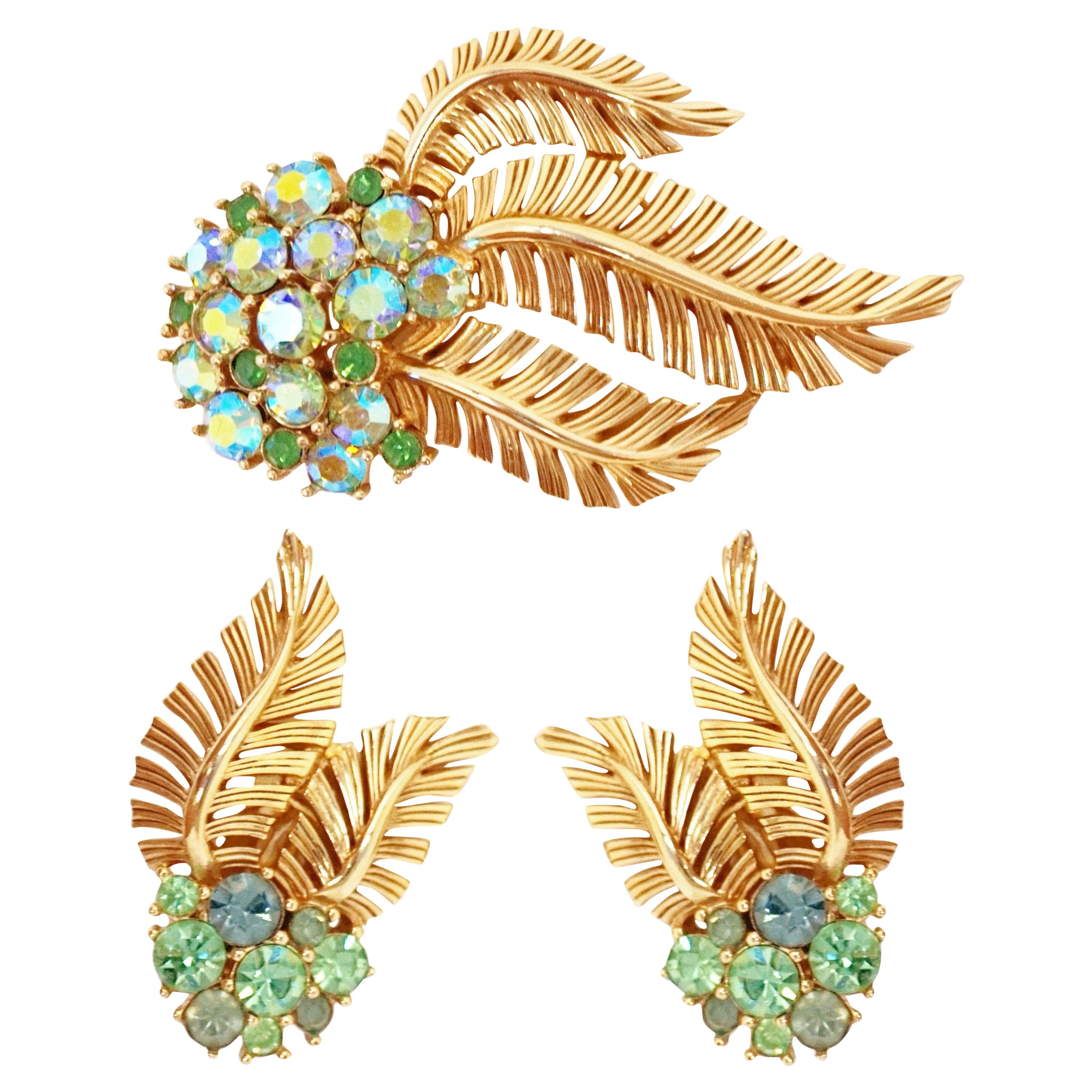 Crown Trifari Gilded Leaves & Rhinestone Demi-Parure Brooch & Earrings, 1960s