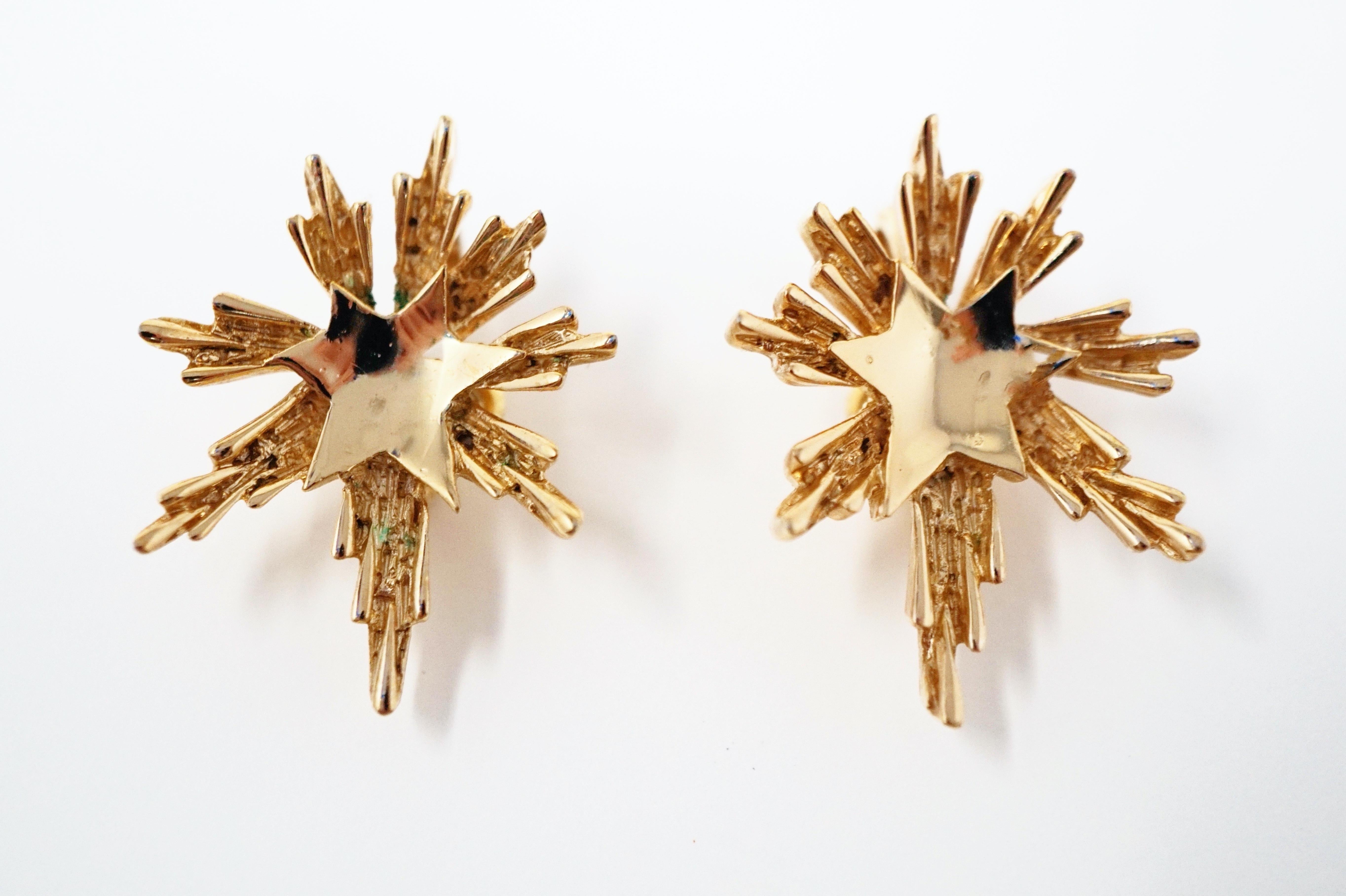 Crown Trifari Gilded Starburst Mid Century Modern Earrings, Signed, circa 1950s In Excellent Condition In McKinney, TX