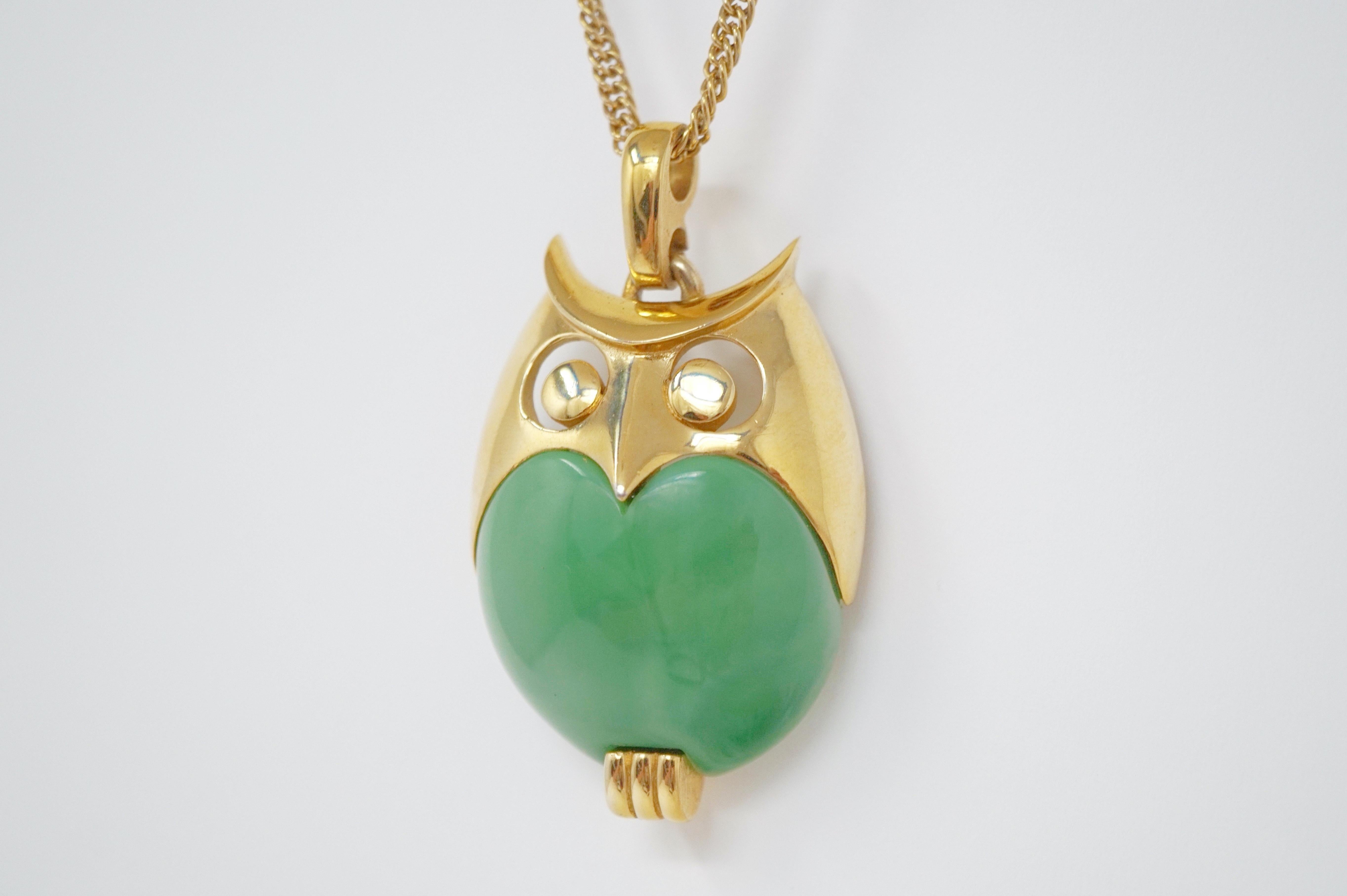 Modern Crown Trifari Green Lucite Owl Pendant Necklace, Signed, circa 1960