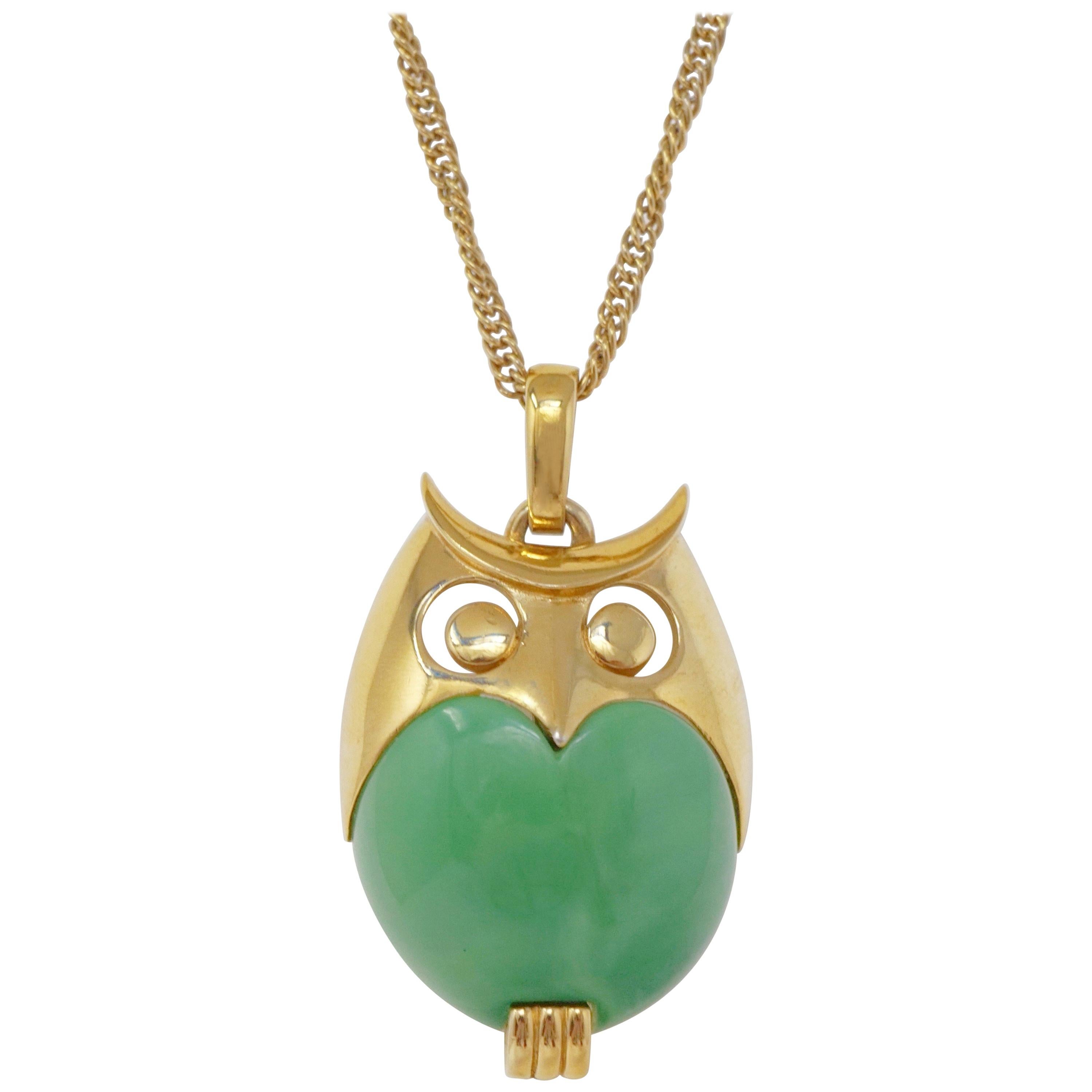 Crown Trifari Green Lucite Owl Pendant Necklace, Signed, circa 1960