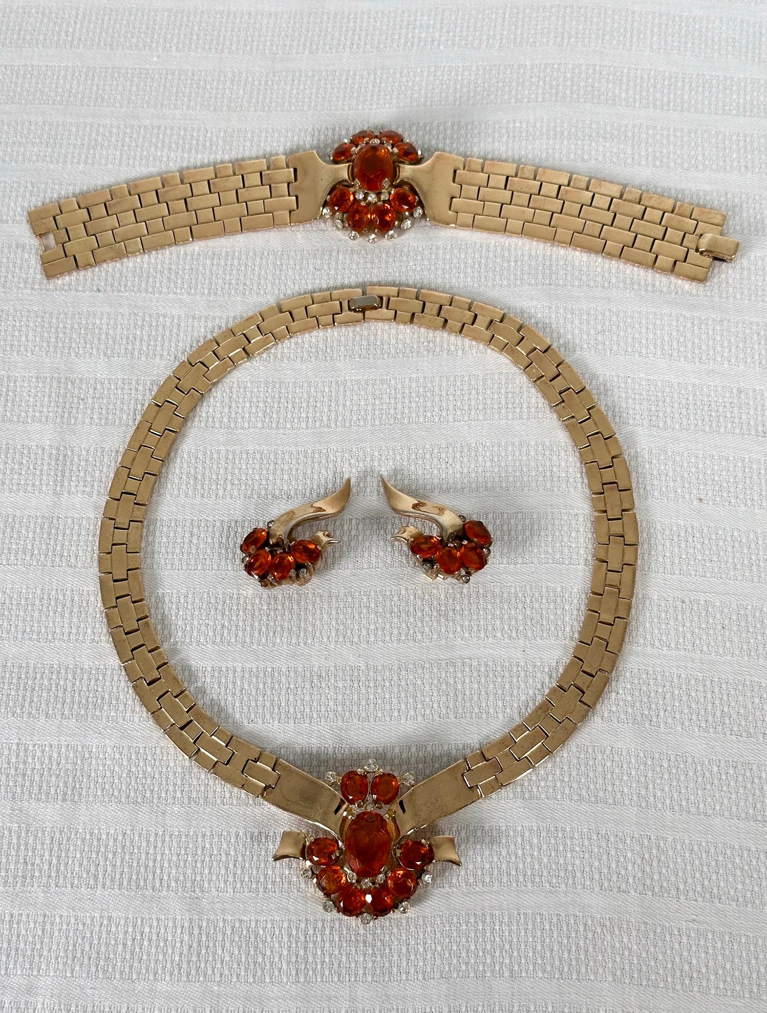 Post-War Crown Trifari Necklace Bracelet Earrings Set Designed by Alfred Philippe Vintage