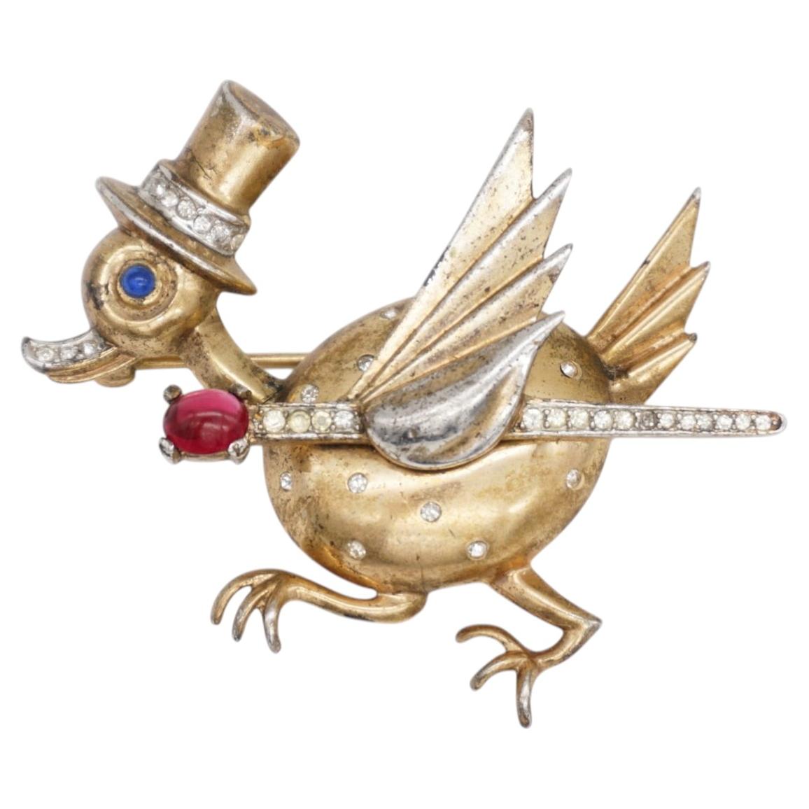 Crown TRIFARI Philippe 1940 Vintage Gold Sapphire Ruby Crystals Cute Duck Brooch