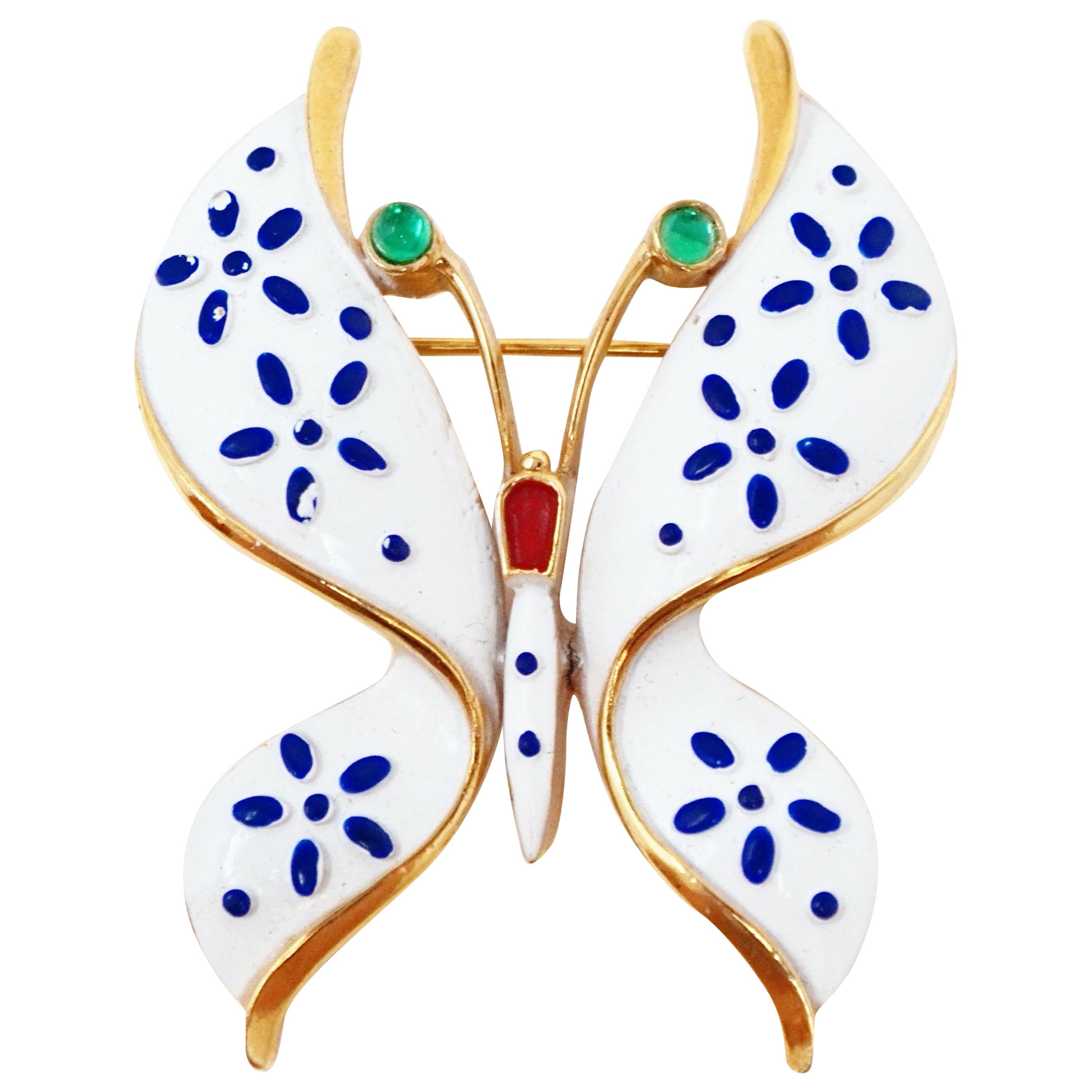 Crown Trifari Precious Pets Enameled Butterfly Brooch, Signed, 1967