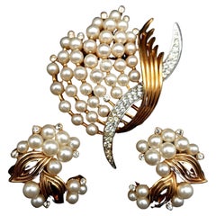 Vintage Crown Trifari Rhinestones, Faux Pearl Textured Demi Parure in Gold