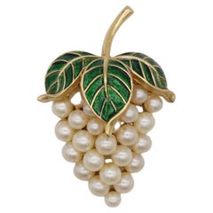 Crown Trifari Vintage 1950s Cluster Grape White Pearls Green Leaf Enamel Brooch