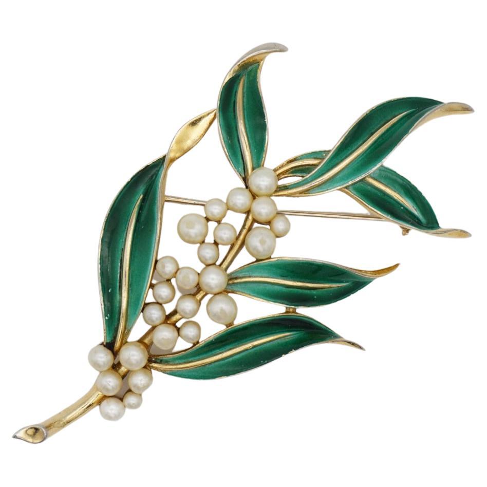 Crown Trifari Vintage 1950s Huge Vivid Green Wind Leaf Cluster Pearls Brooch