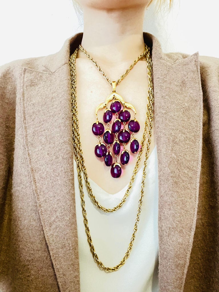Crown Trifari Vintage 1950s Long Layers Purple Lucite Waterfall