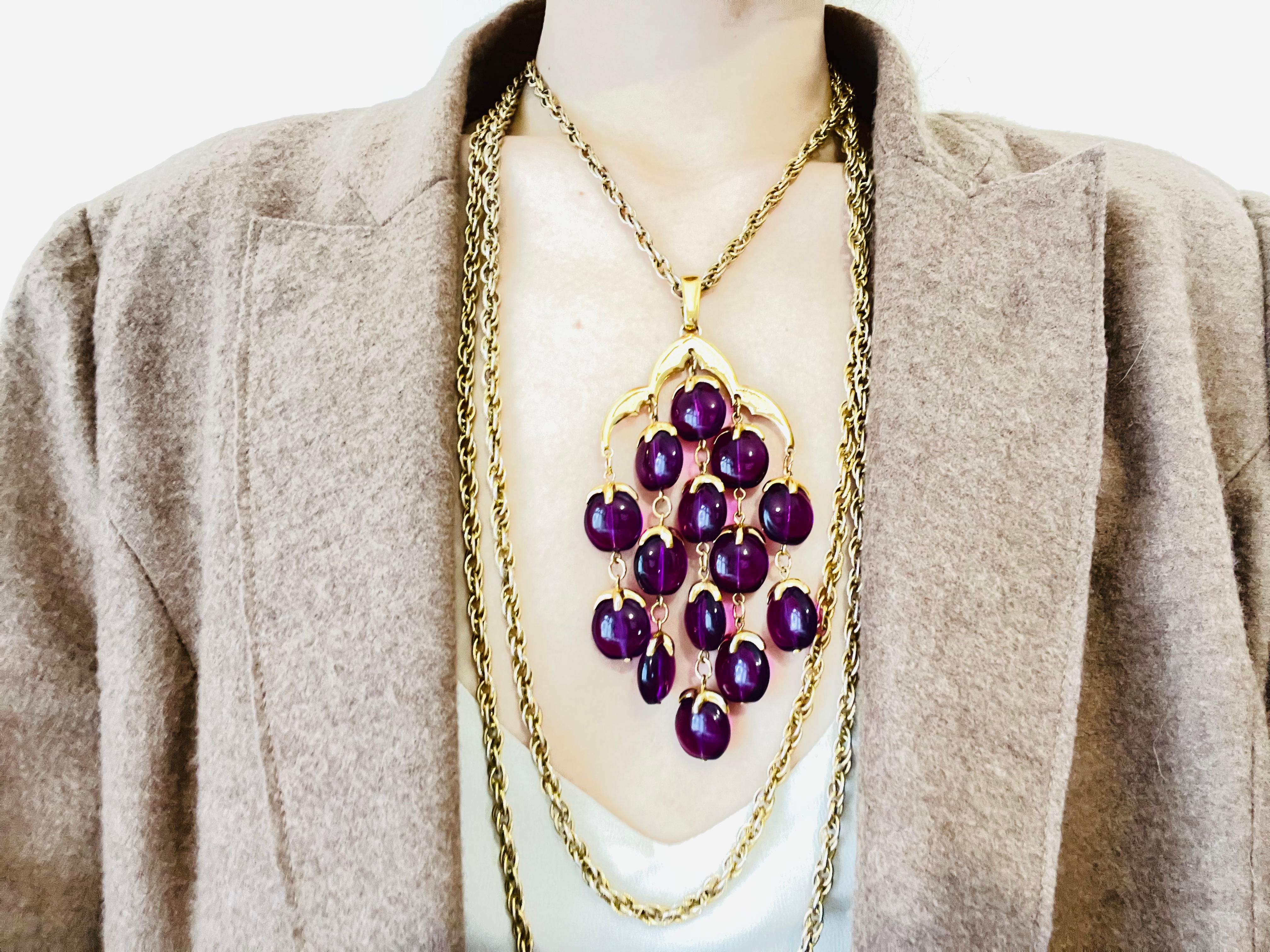 Artist Crown Trifari Vintage 1950s Long Layers Purple Lucite Waterfall Pendant Necklace For Sale