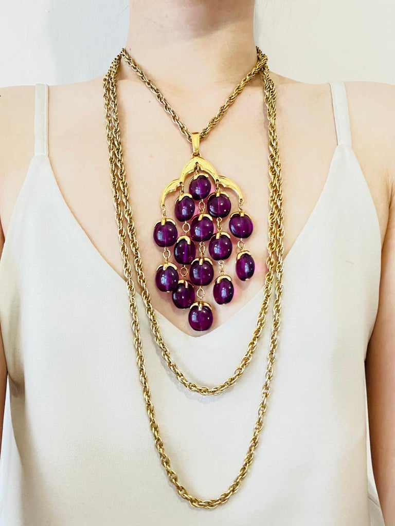Crown Trifari Vintage 1950s Long Layers Purple Lucite Waterfall Pendant Necklace