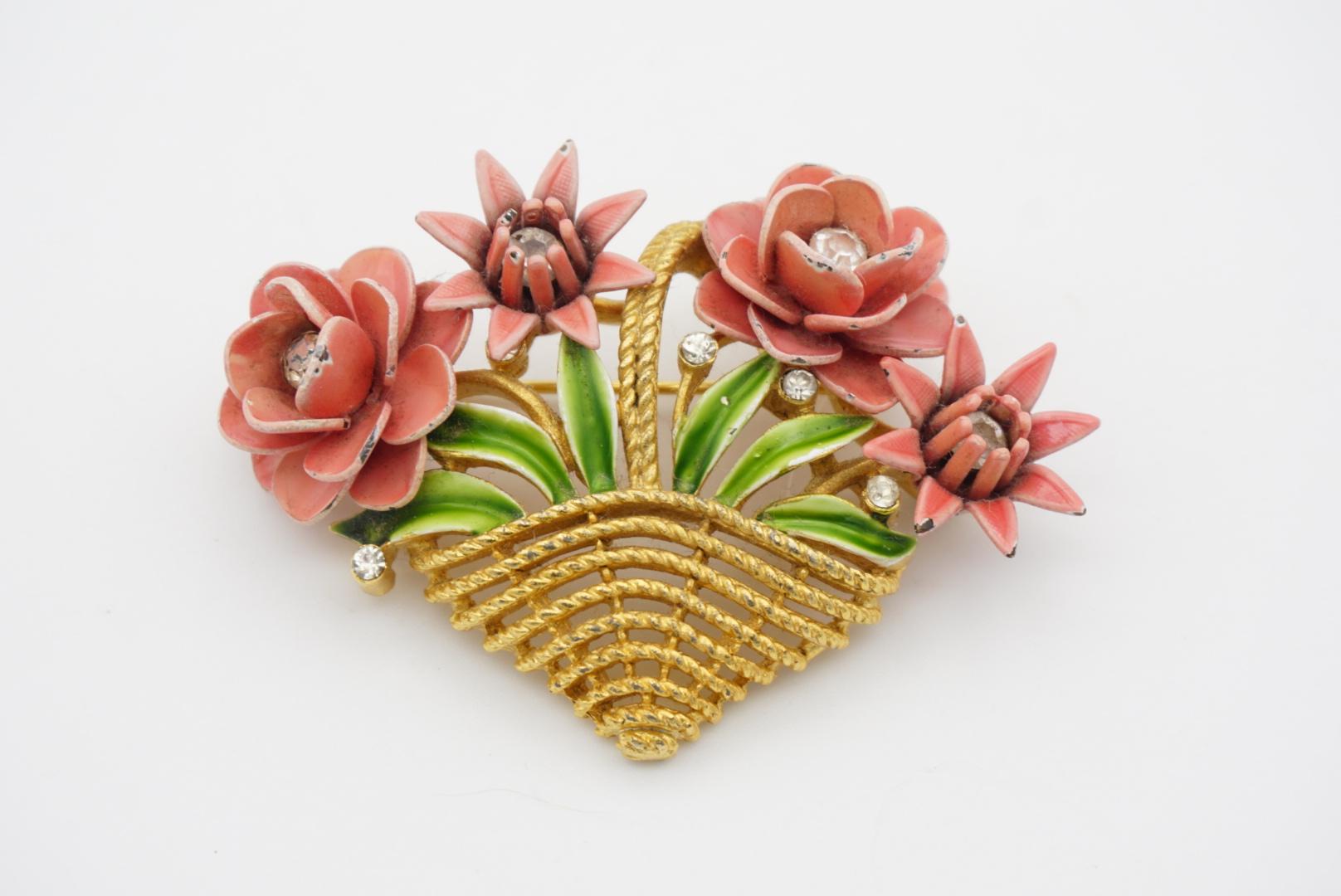 Crown Trifari Vintage 1950s Pink Flower Green Leaf Bouquet Basket Crystal Brooch For Sale 1