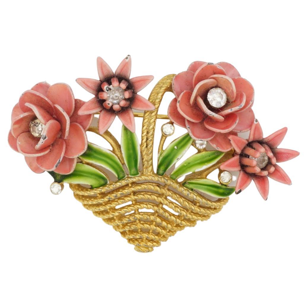 Crown Trifari Vintage 1950s Pink Flower Green Leaf Bouquet Basket Crystal Brooch For Sale