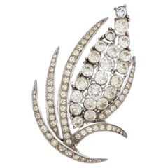 Crown Trifari Vintage 1950s Rare Leaf Corn Wheat Crystals Leaf Silver Brooch