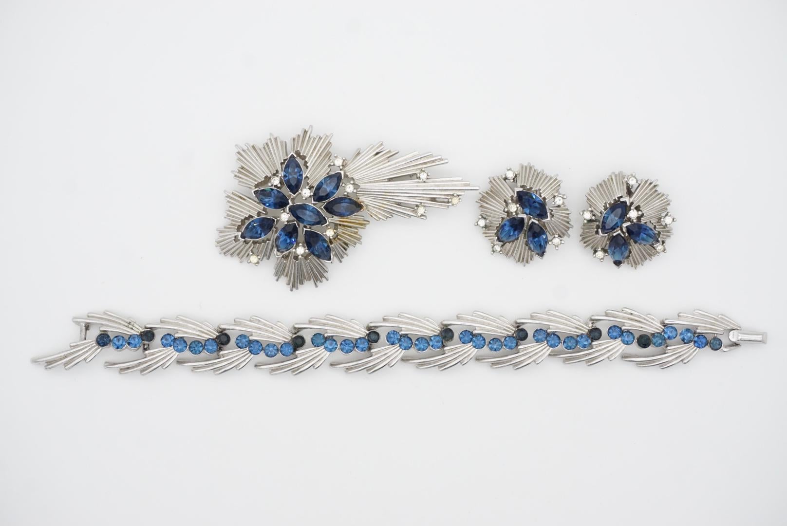 Crown Trifari Vintage 1950s Sapphire Crystals Gift Set Earrings Brooch Bracelet For Sale 6