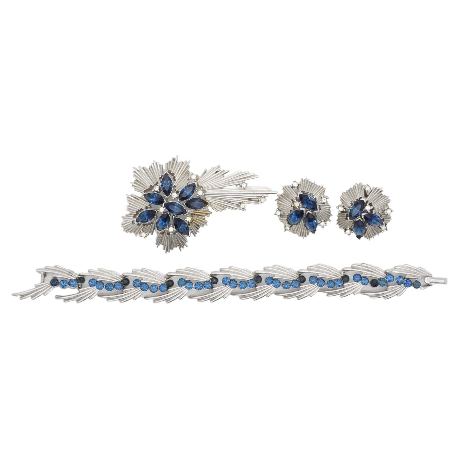 Crown Trifari Vintage 1950s Sapphire Crystals Gift Set Earrings Brooch Bracelet For Sale