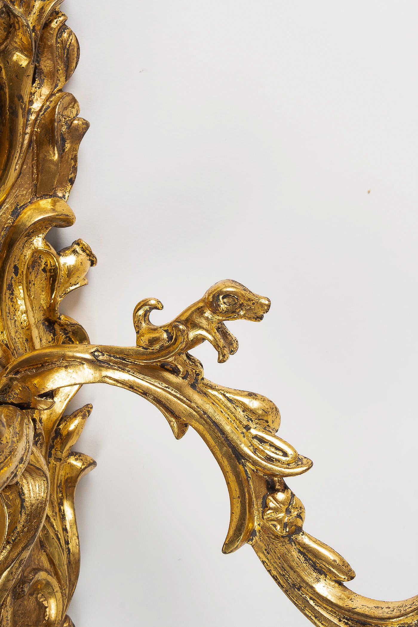 Crowned C Mark, Rare Pair of Hunting Design Ormolu Louis XV Period Sconces For Sale 4