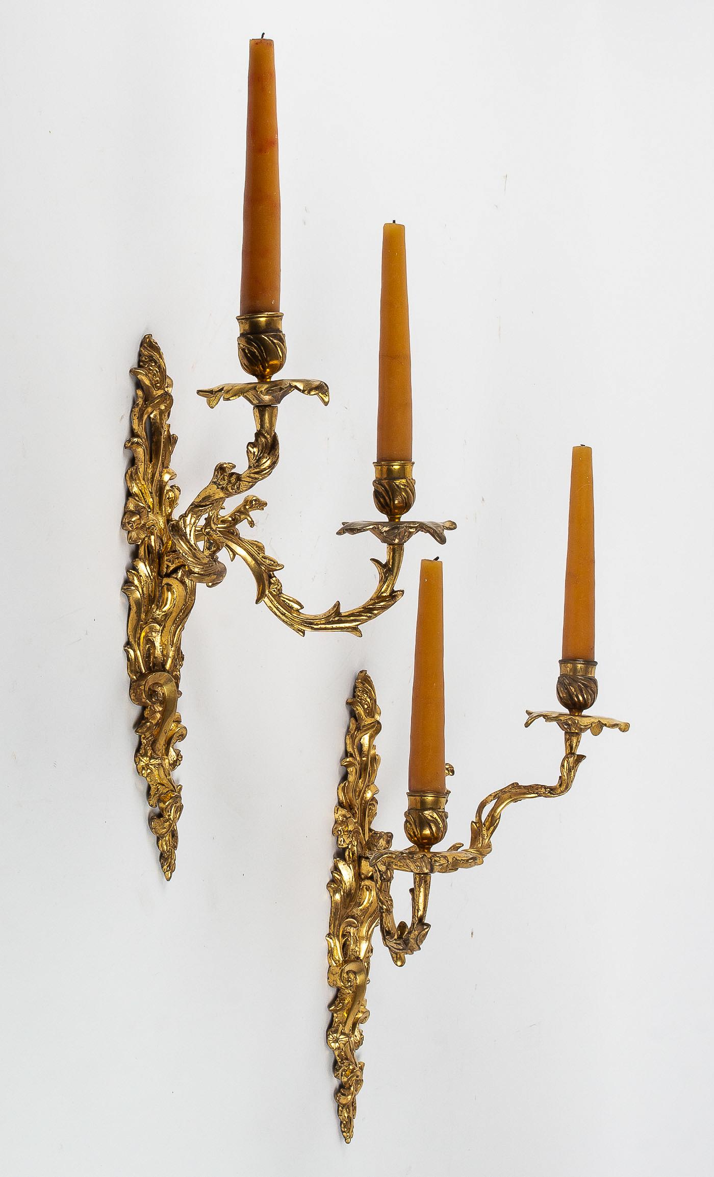 French Crowned C Mark, Rare Pair of Hunting Design Ormolu Louis XV Period Sconces For Sale