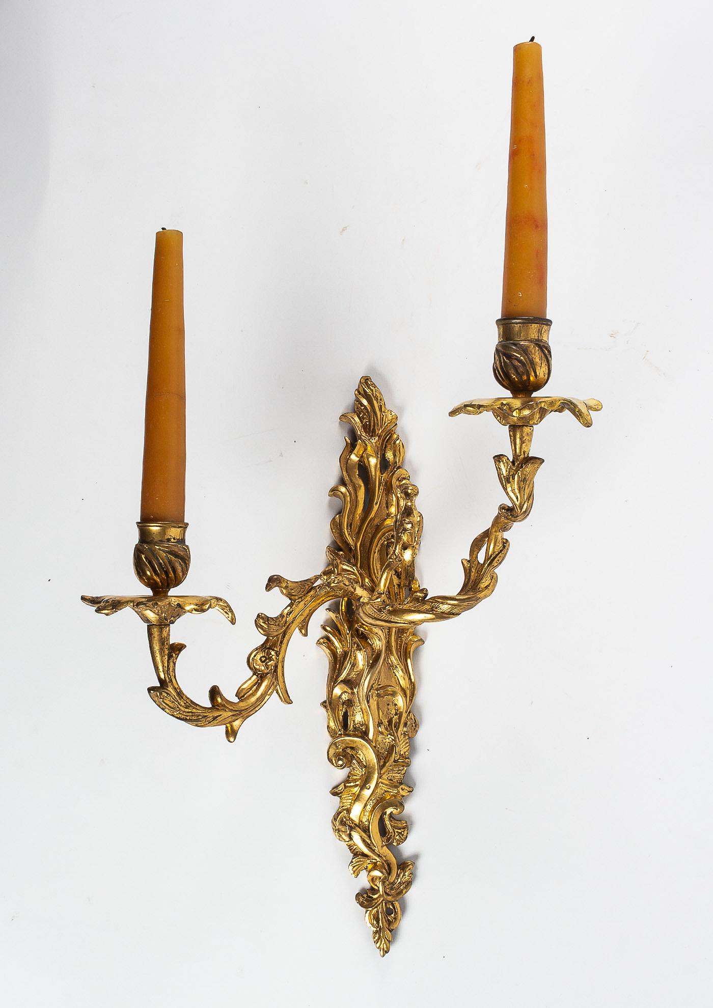 18th Century Crowned C Mark, Rare Pair of Hunting Design Ormolu Louis XV Period Sconces For Sale