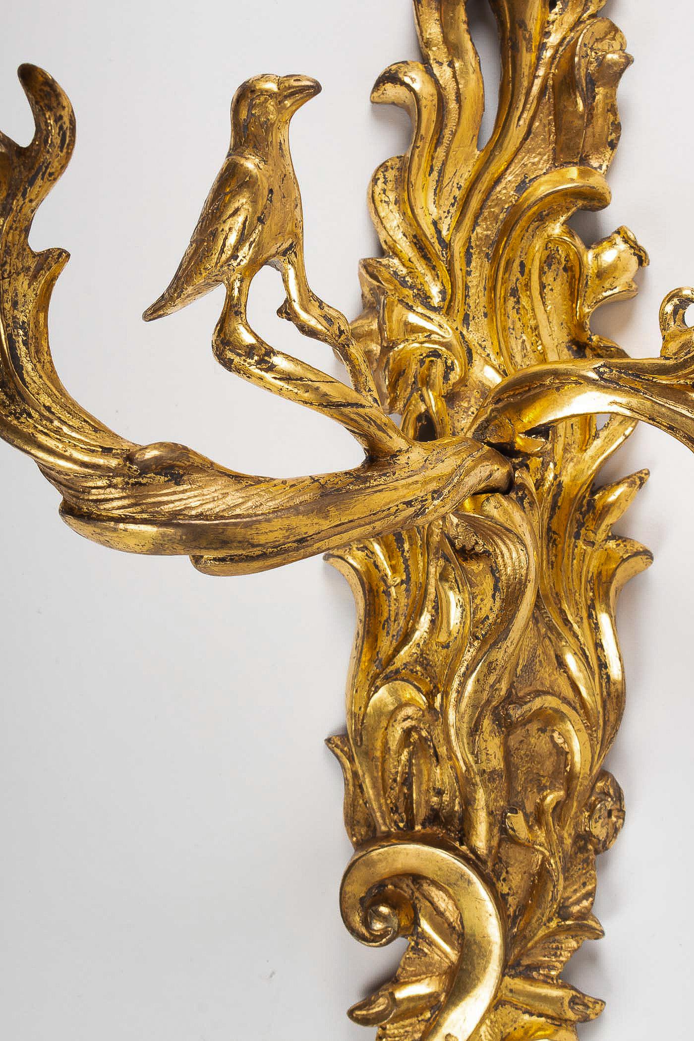 Crowned C Mark, Rare Pair of Hunting Design Ormolu Louis XV Period Sconces For Sale 3