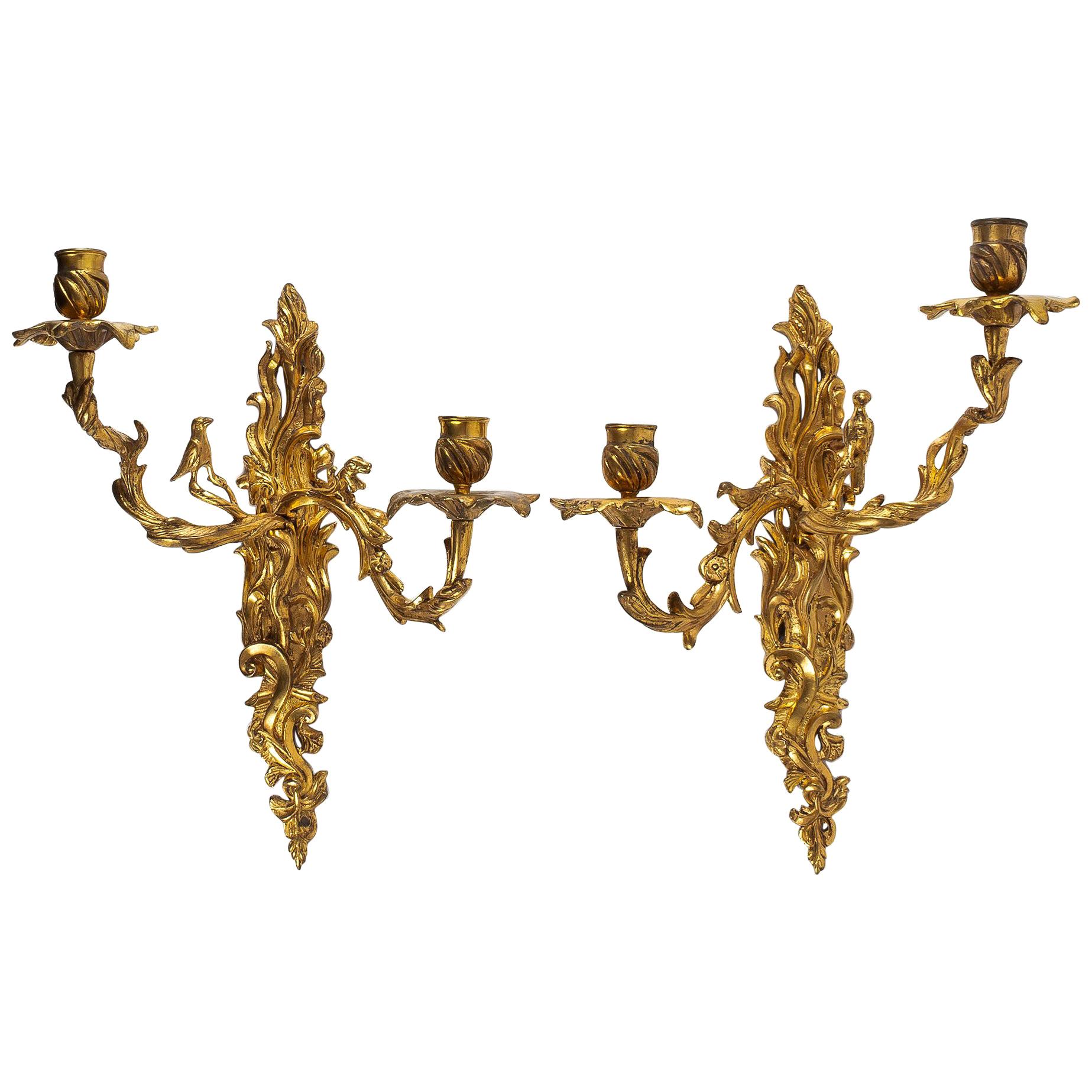 Crowned C Mark, Rare Pair of Hunting Design Ormolu Louis XV Period Sconces For Sale