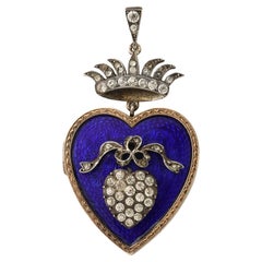 French 19th Century Enamel Heart Locket with French Paste Stones